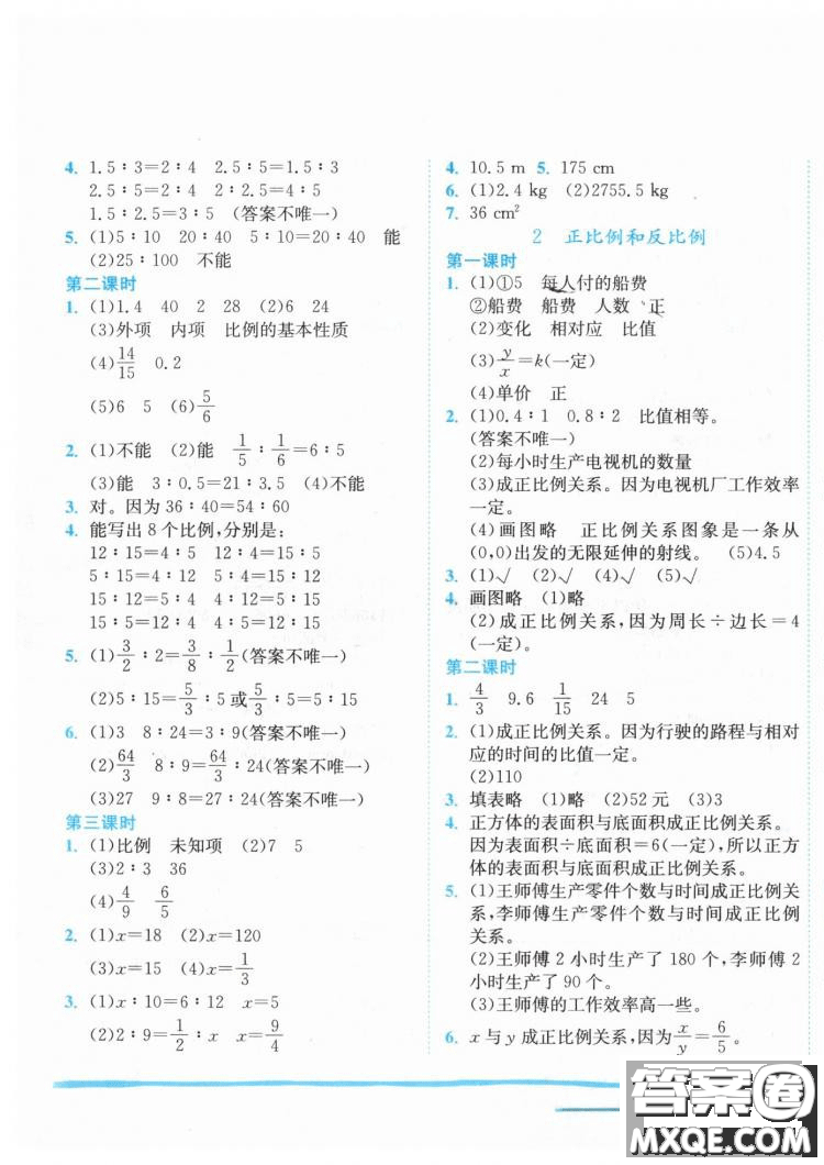 最新修订版2019年黄冈小状元六年级下数学人教版作业本参考答案