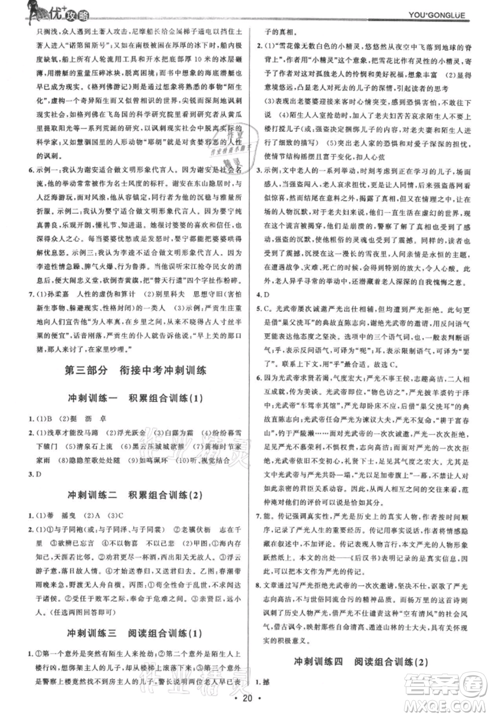 浙江人民出版社2021优+攻略九年级语文人教版参考答案